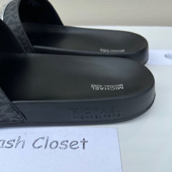 Michael Kors Brandy Metallic Striped Logo Slide Sandal- Black Multi - Picture 4 of 5